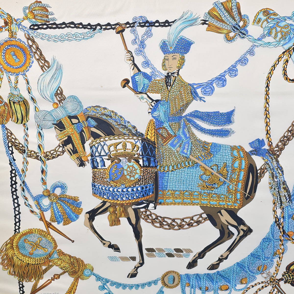 Vintage Framed Hermès Paris Silk Scarf, "Le Timbalier" Equestrian Design, Framed by The Ainsworth Gallery, Boston, Massachusetts