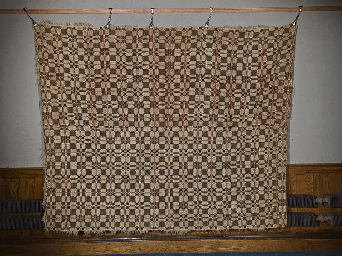 Vintage Olive, Brown, and Cream Woven Wool Coverlet