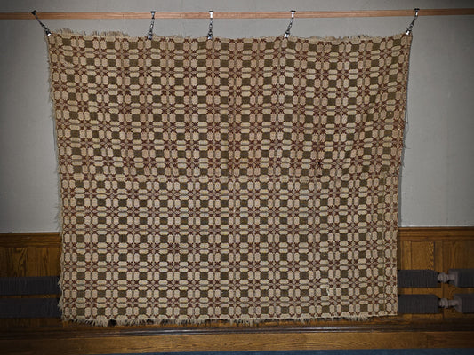 Vintage Olive, Brown, and Cream Woven Wool Coverlet