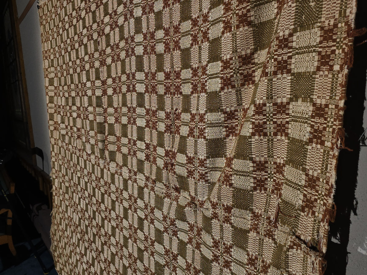 Vintage Olive, Brown, and Cream Woven Wool Coverlet