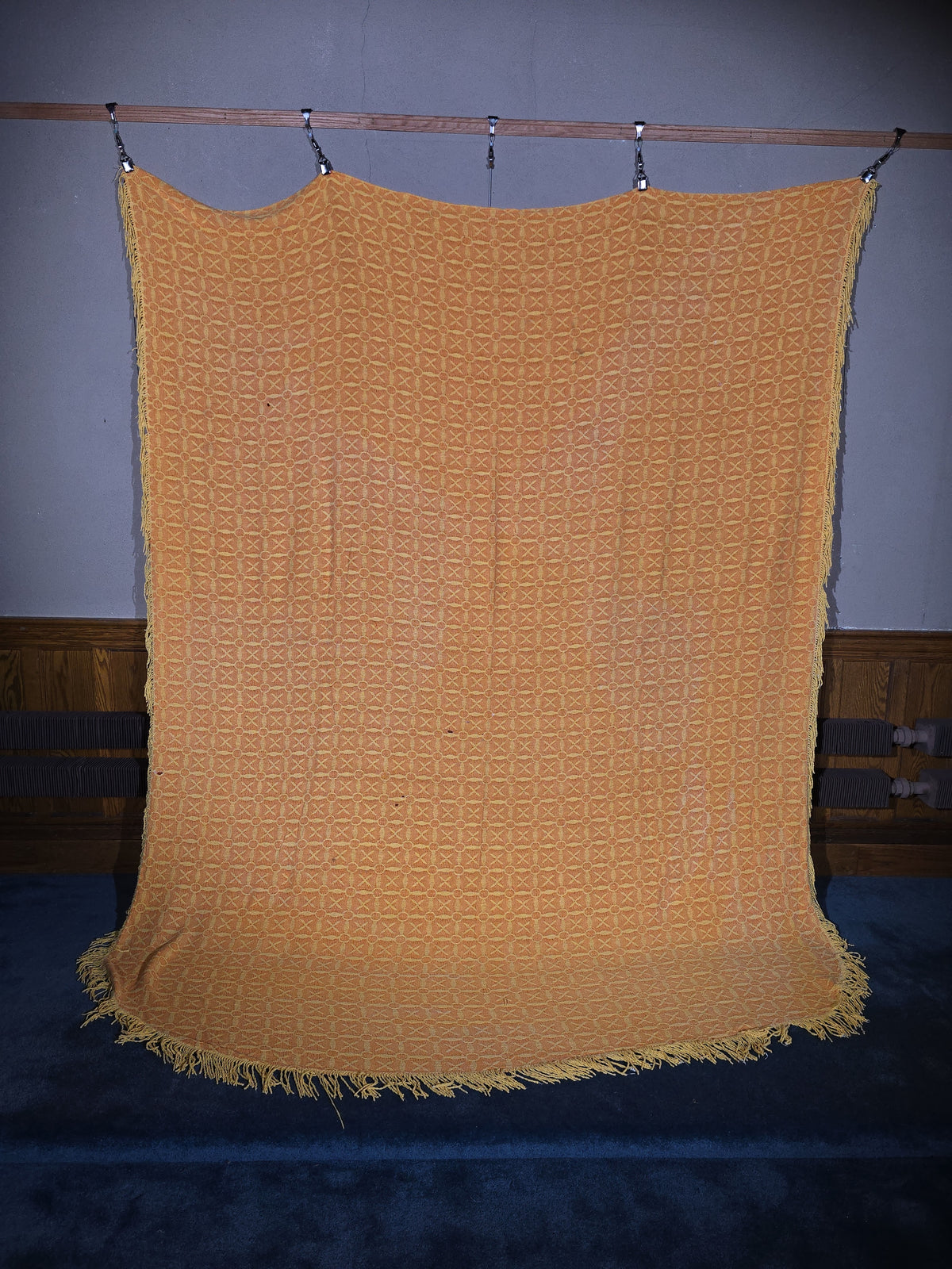 Vintage Woven Cotton Coverlet in Orange and Yellow with Fringe