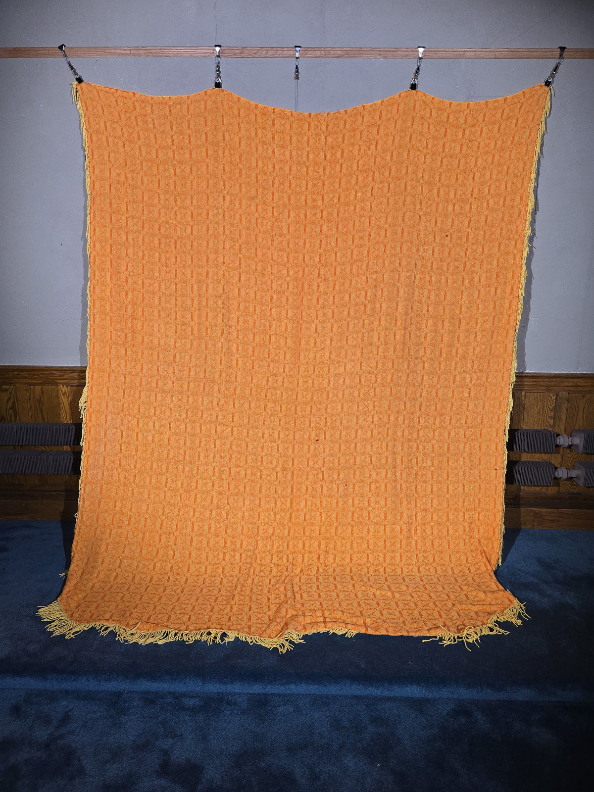 Vintage Woven Cotton Coverlet in Orange and Yellow with Fringe