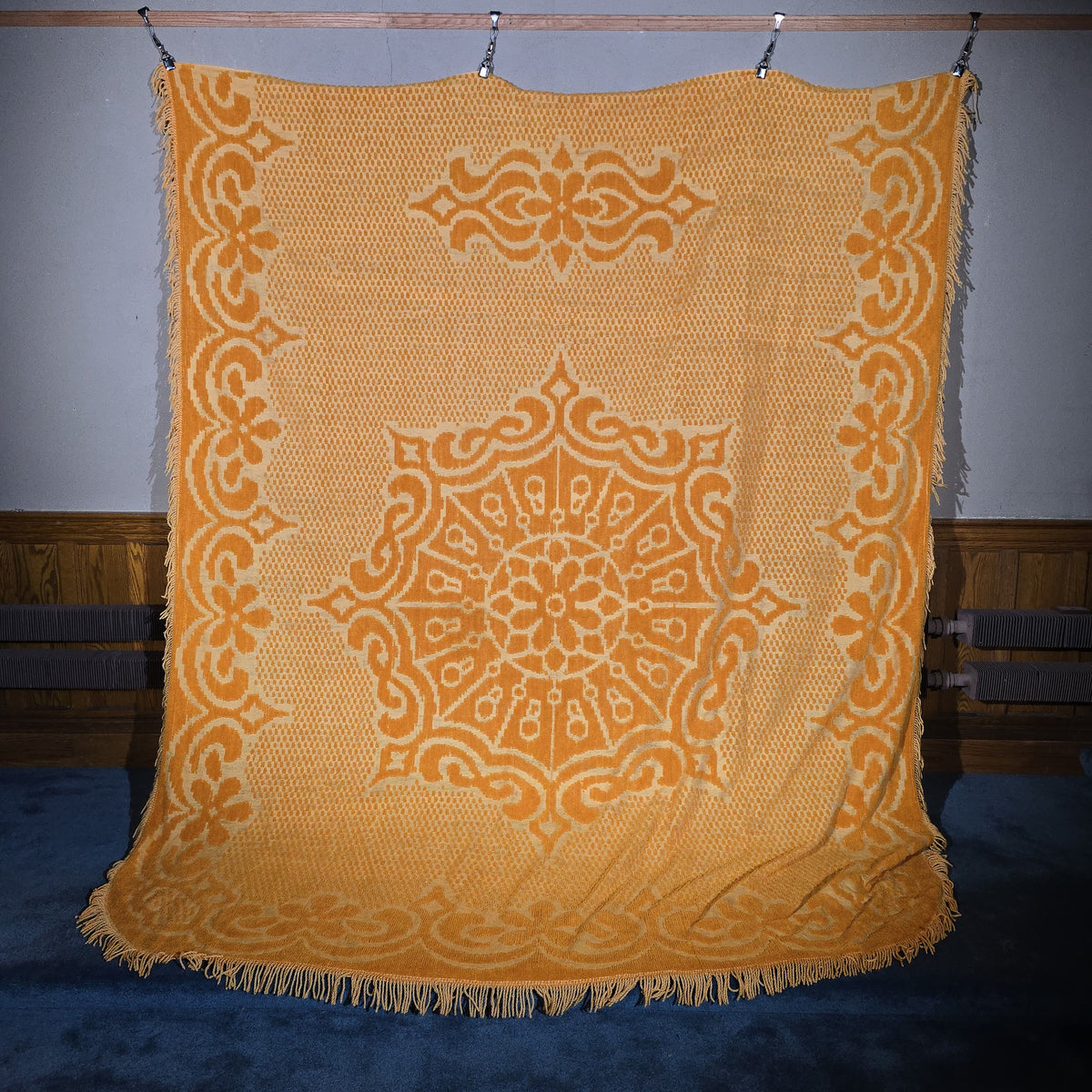 Vintage Gold and Cream Woven Acrylic Coverlet with Fringe