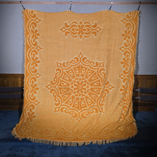 Vintage Gold and Cream Woven Acrylic Coverlet with Fringe