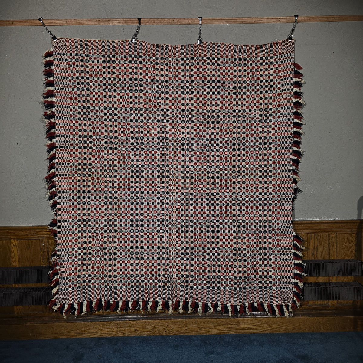 Vintage Red, White, and Blue Woven Wool Coverlet with Fringe