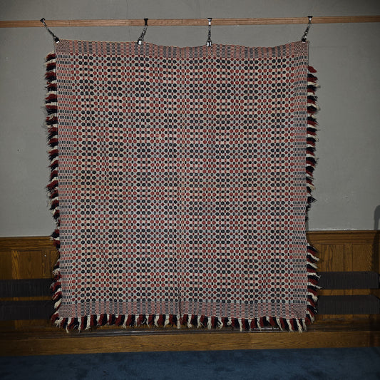Vintage Red, White, and Blue Woven Wool Coverlet with Fringe
