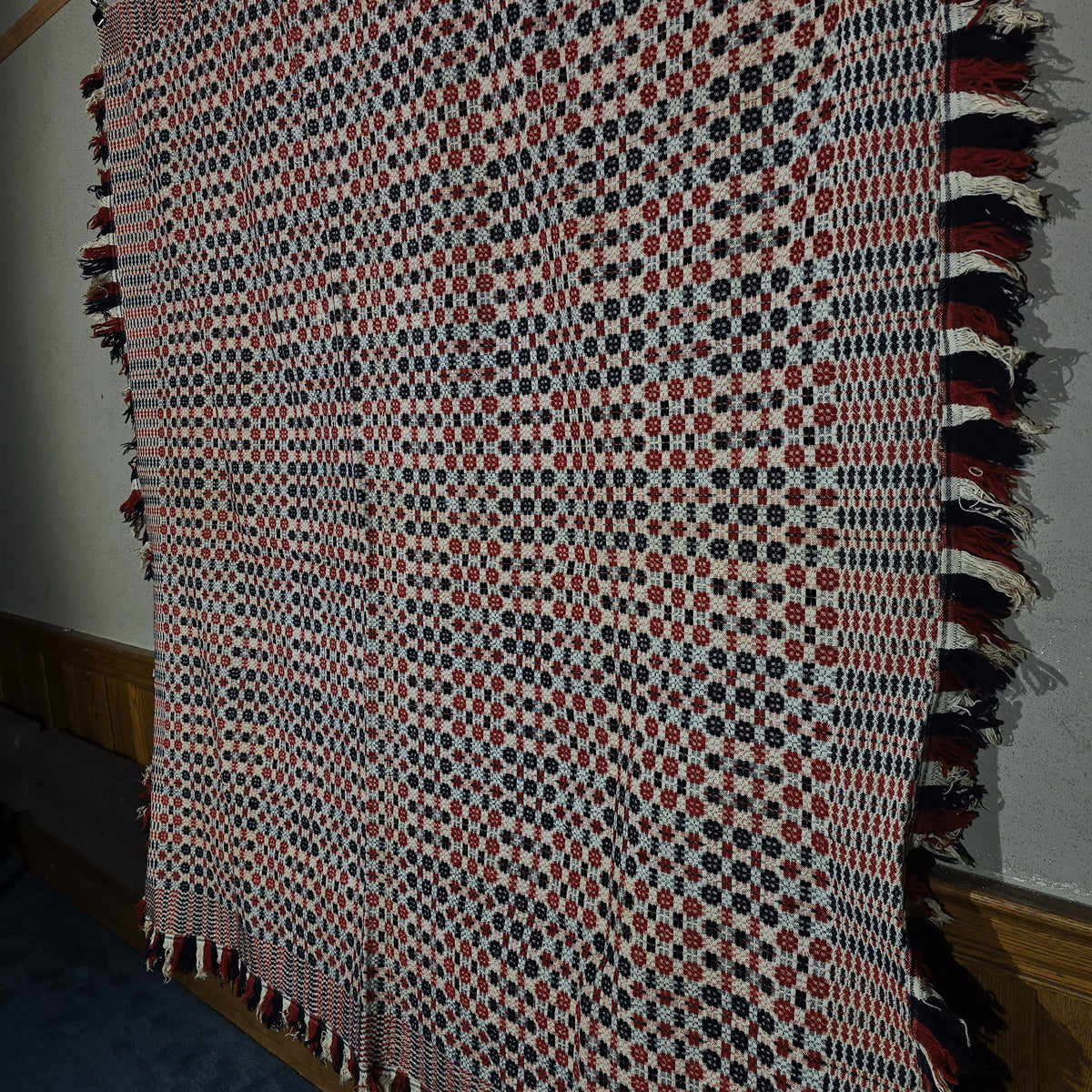 Vintage Red, White, and Blue Woven Wool Coverlet with Fringe