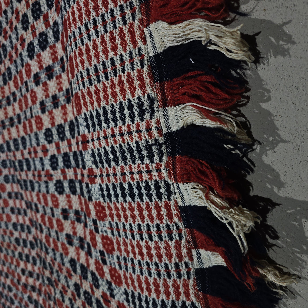 Vintage Red, White, and Blue Woven Wool Coverlet with Fringe