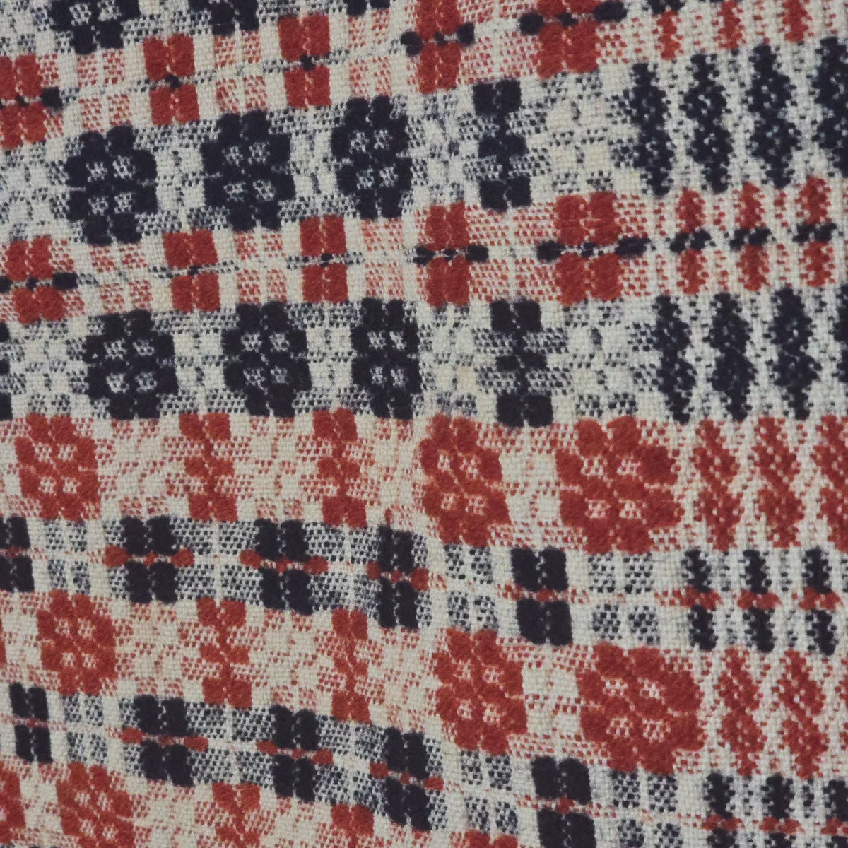 Vintage Red, White, and Blue Woven Wool Coverlet with Fringe