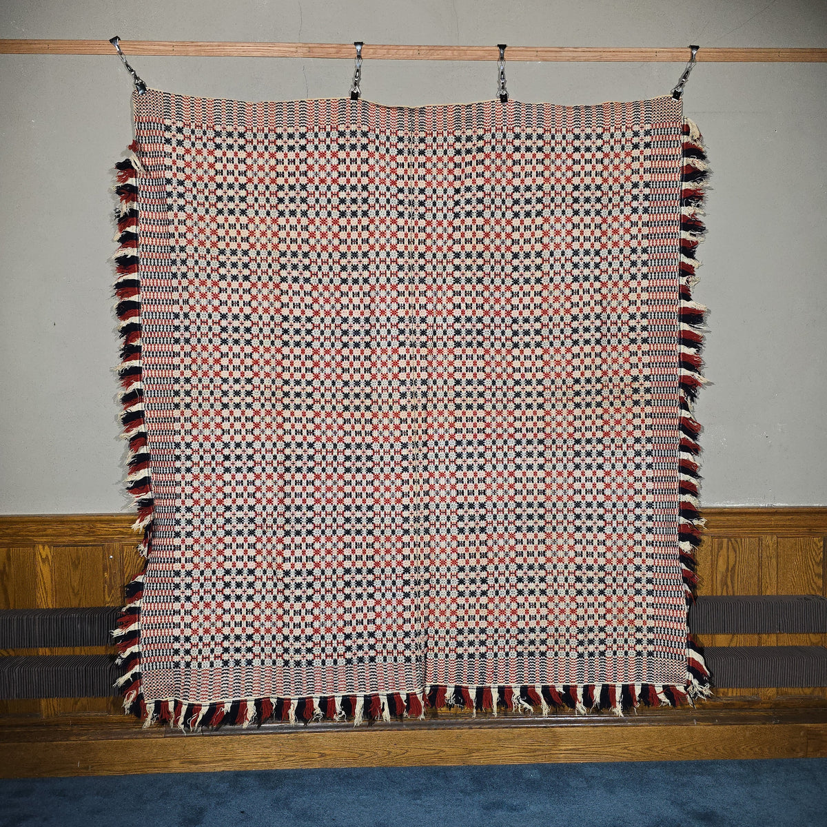 Vintage Red, White, and Blue Woven Wool Coverlet with Fringe