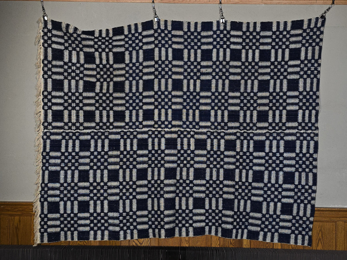 Vintage Blue and White Woven Wool Coverlet with Fringe