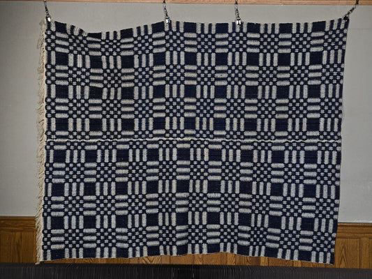 Vintage Blue and White Woven Wool Coverlet with Fringe
