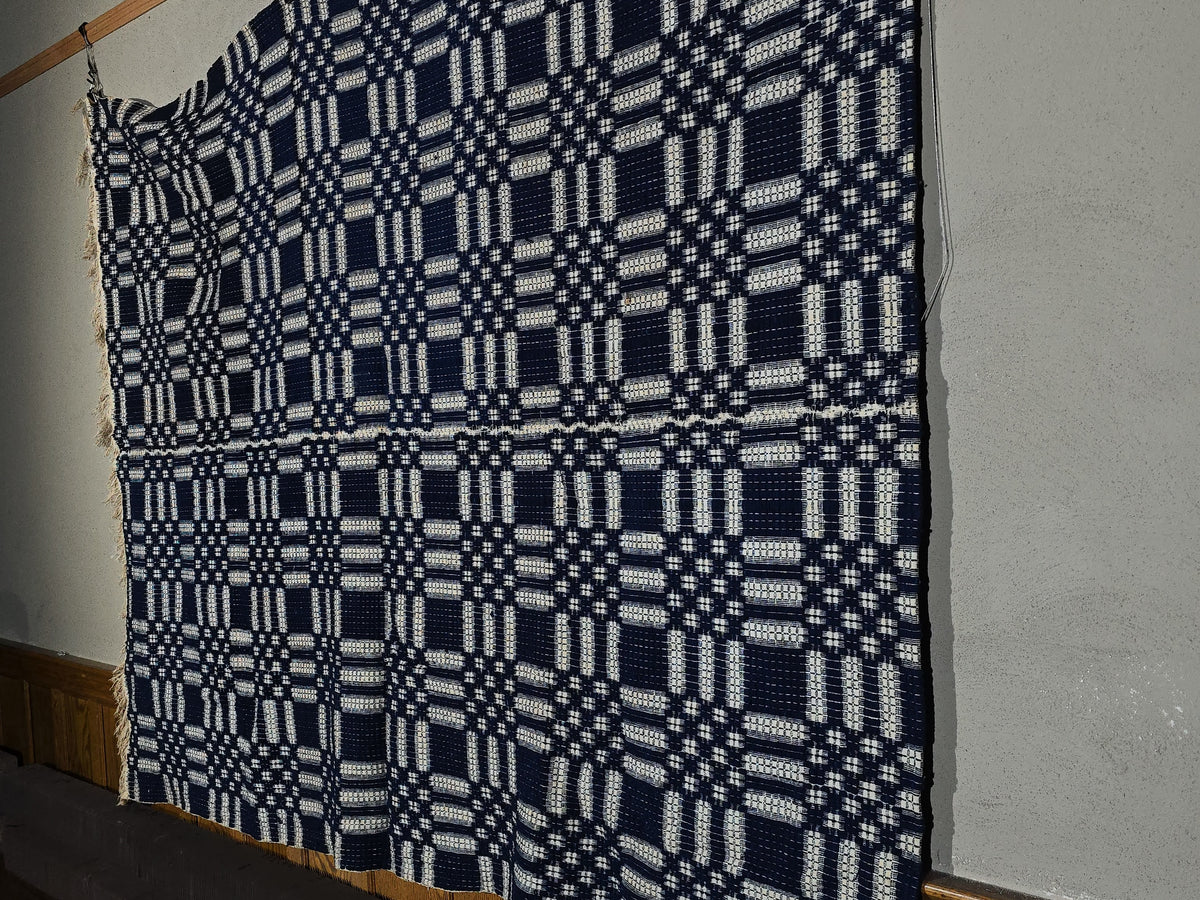 Vintage Blue and White Woven Wool Coverlet with Fringe