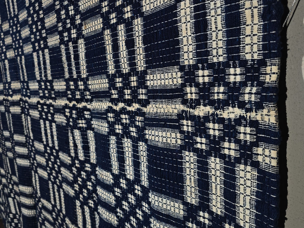 Vintage Blue and White Woven Wool Coverlet with Fringe