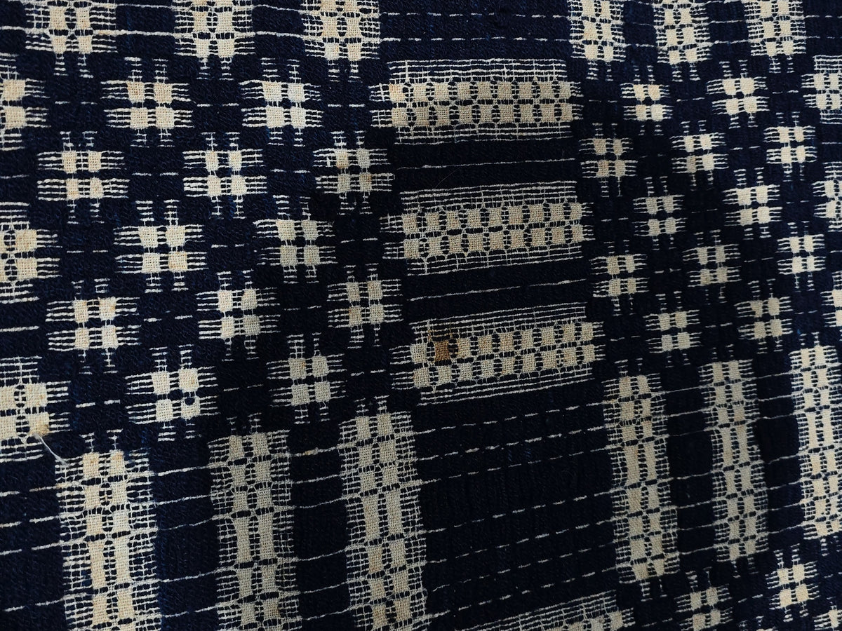 Vintage Blue and White Woven Wool Coverlet with Fringe