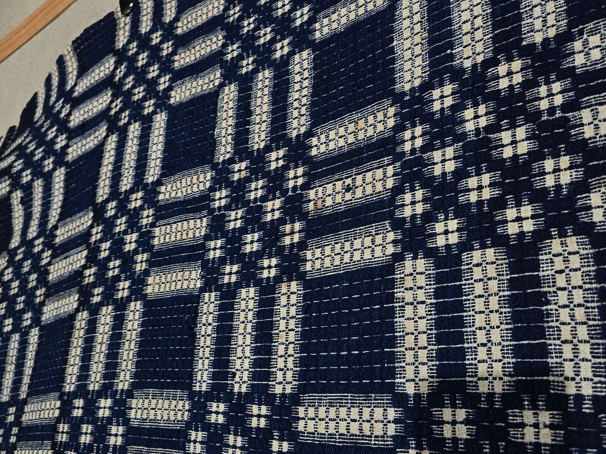 Vintage Blue and White Woven Wool Coverlet with Fringe