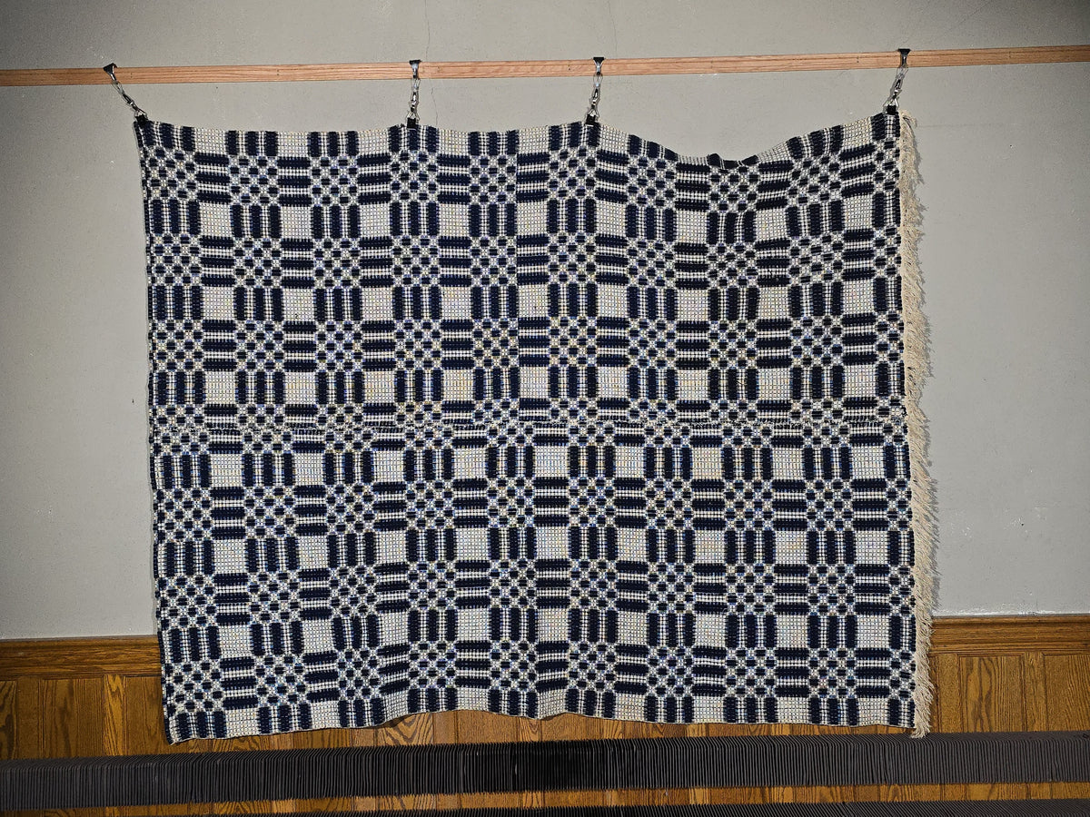 Vintage Blue and White Woven Wool Coverlet with Fringe