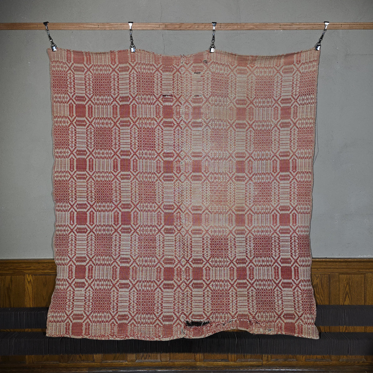 Vintage Red and White Woven Wool Coverlet
