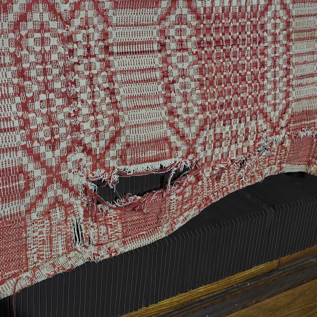 Vintage Red and White Woven Wool Coverlet