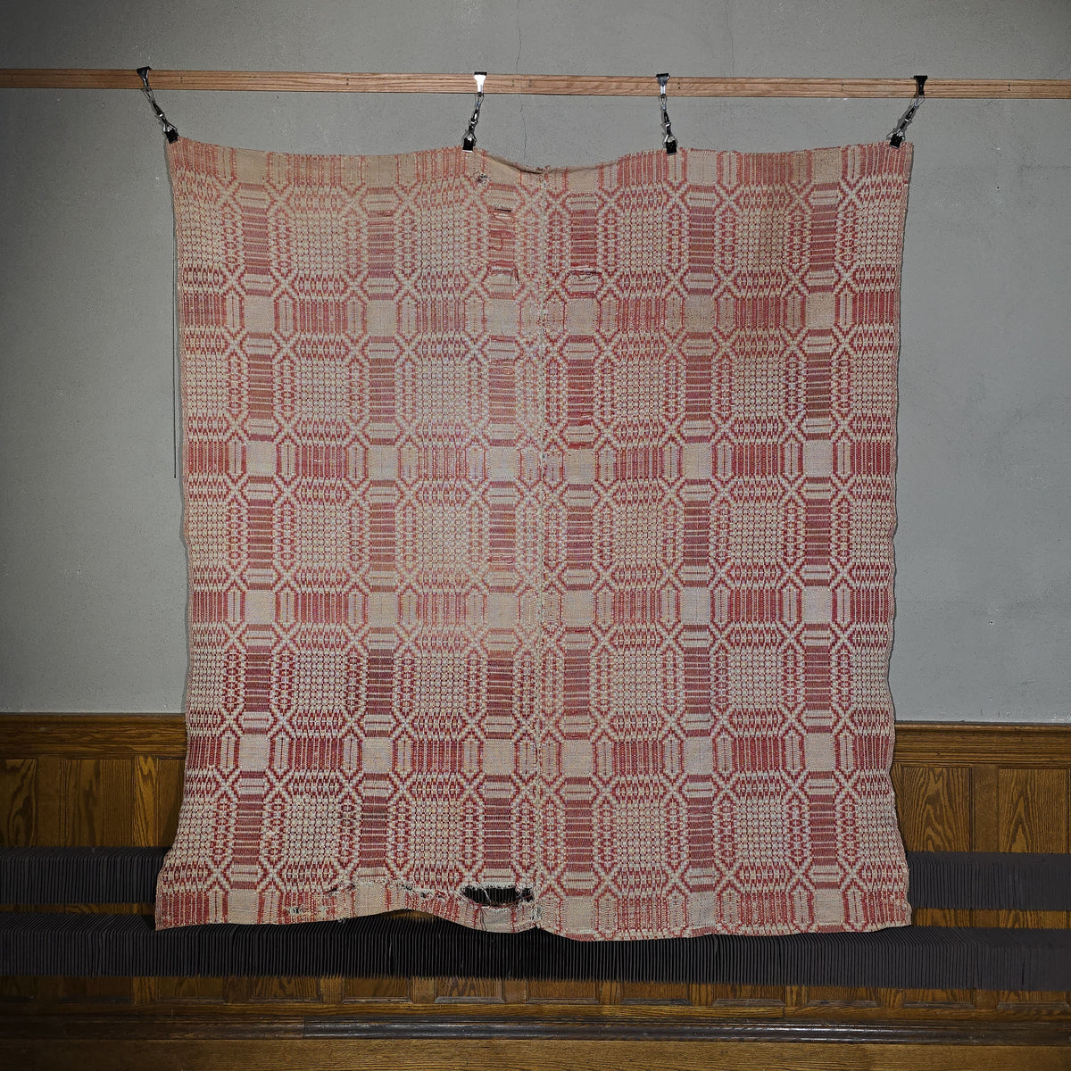 Vintage Red and White Woven Wool Coverlet