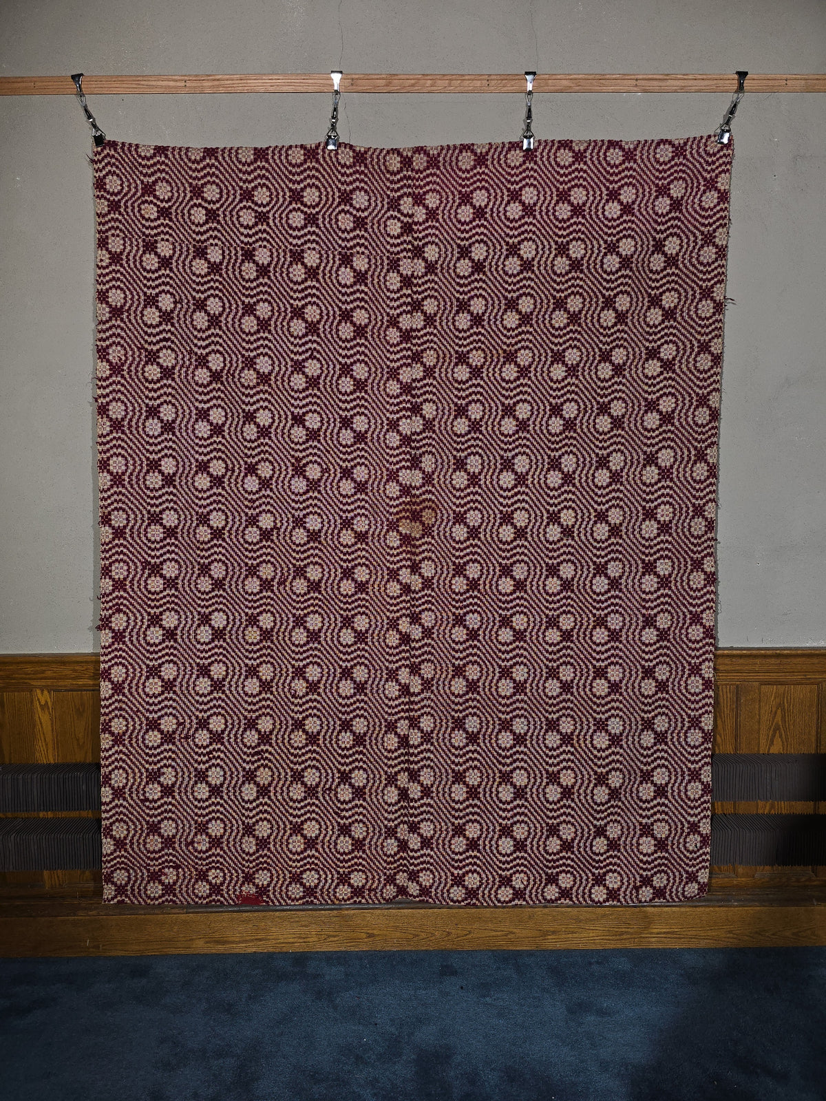 Vintage Woven Wool Coverlet in Maroon and White