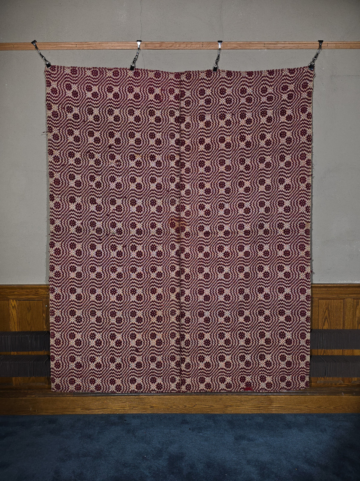 Vintage Woven Wool Coverlet in Maroon and White