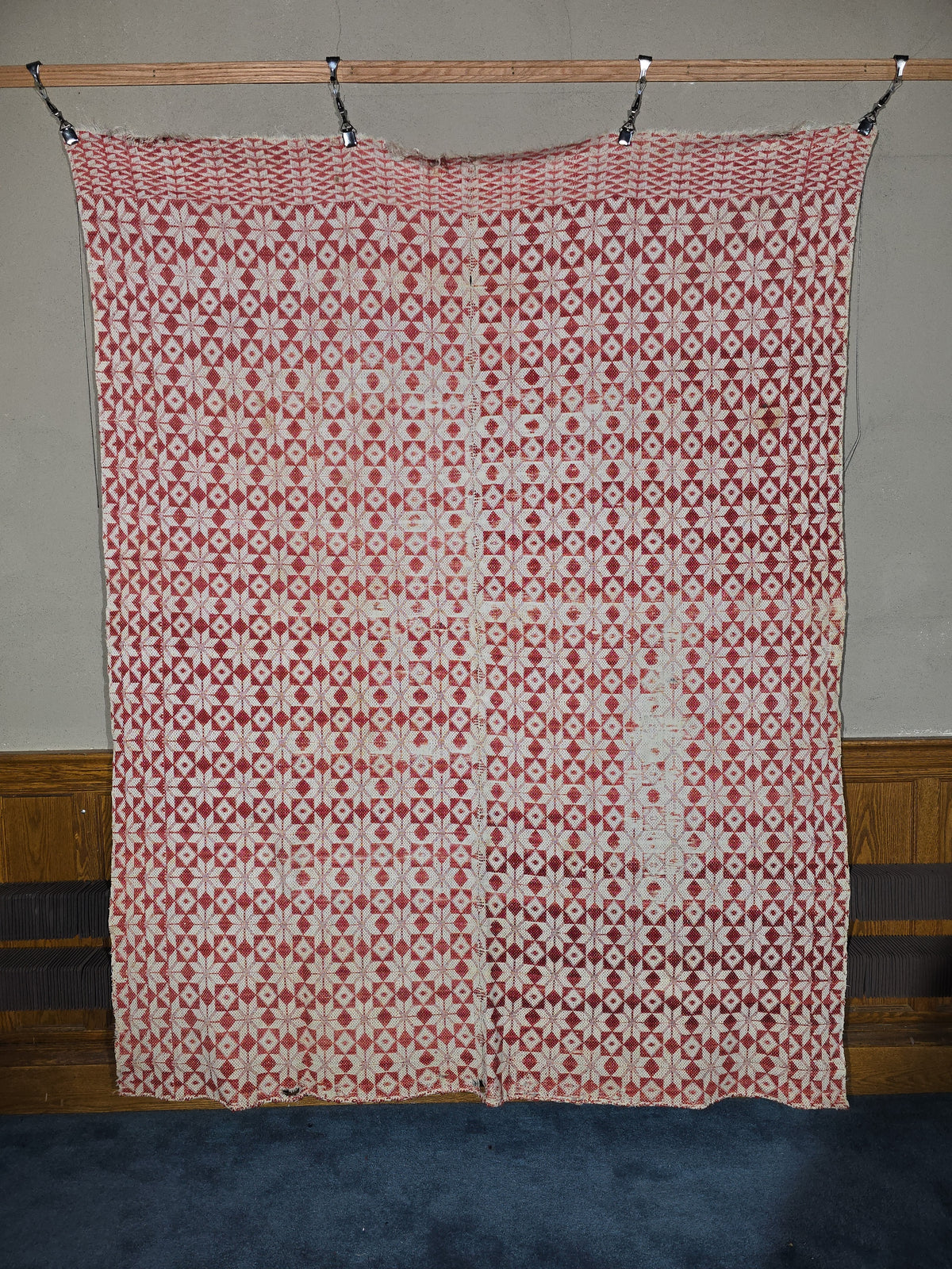 Vintage Red and White Woven Wool Coverlet