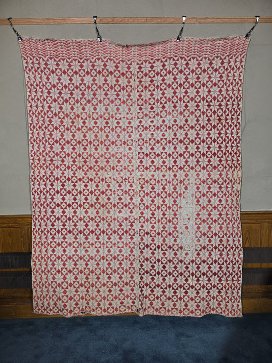 Vintage Red and White Woven Wool Coverlet