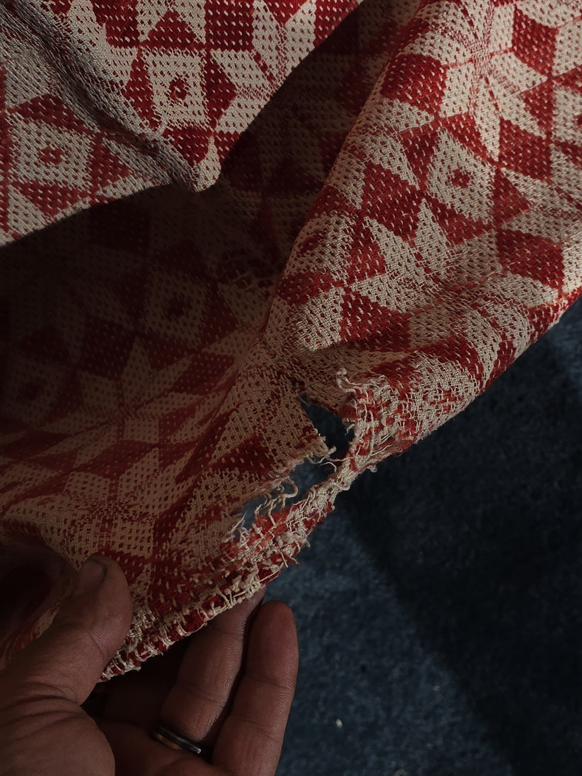 Vintage Red and White Woven Wool Coverlet