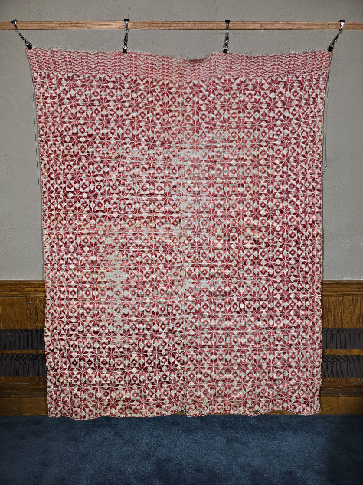 Vintage Red and White Woven Wool Coverlet