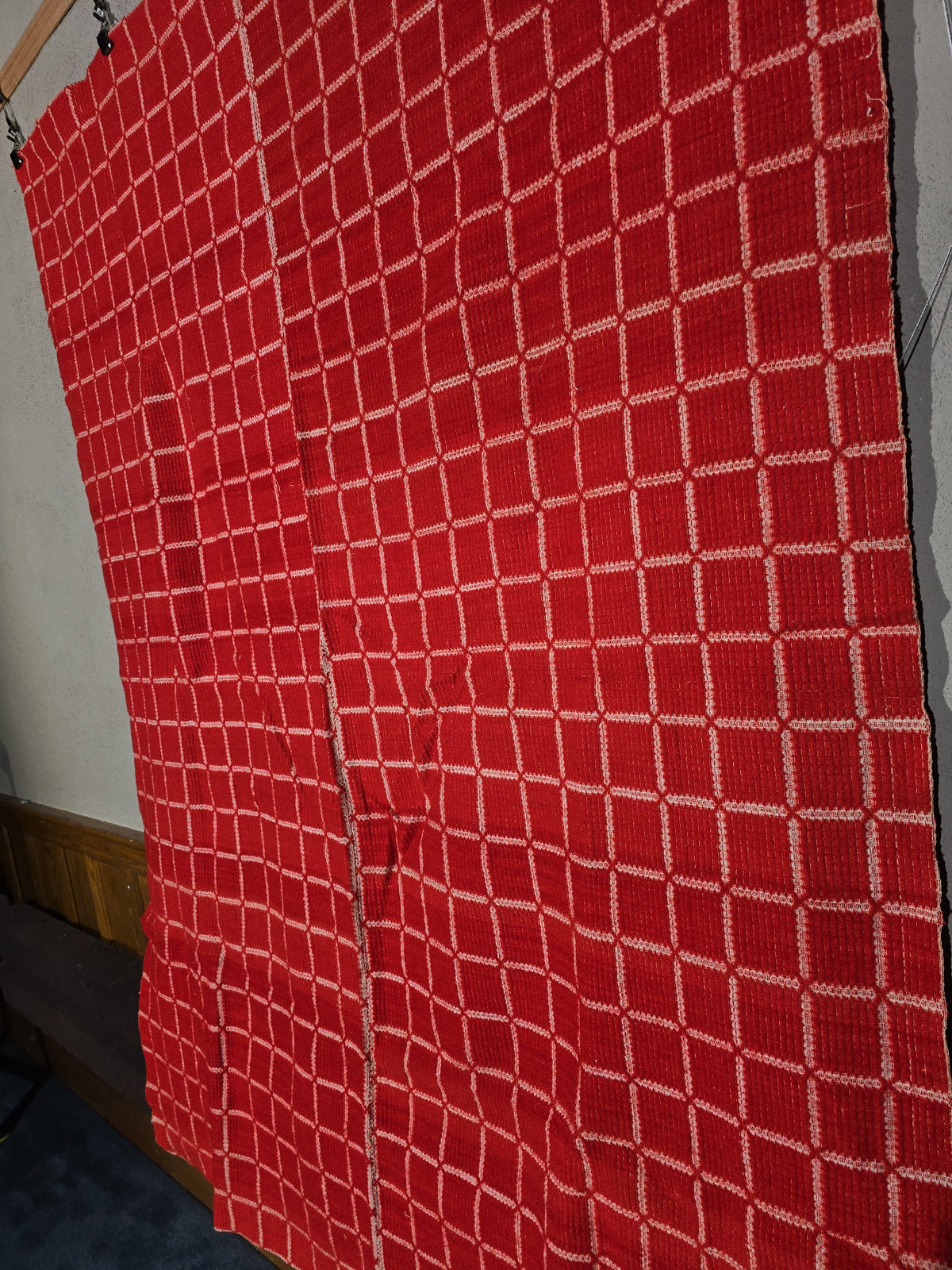 Vintage Red and White Woven Wool Coverlet