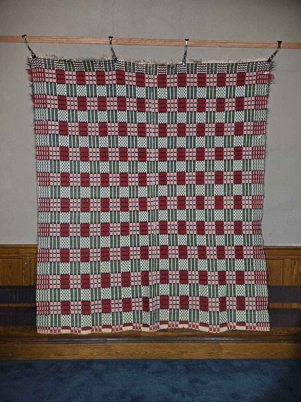 Vintage Woven Wool Coverlet in Red, Green, and White