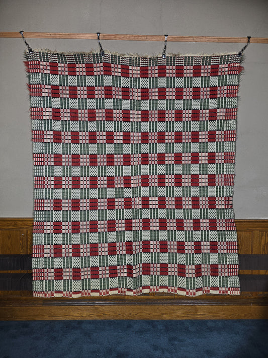 Vintage Woven Wool Coverlet in Red, Green, and White