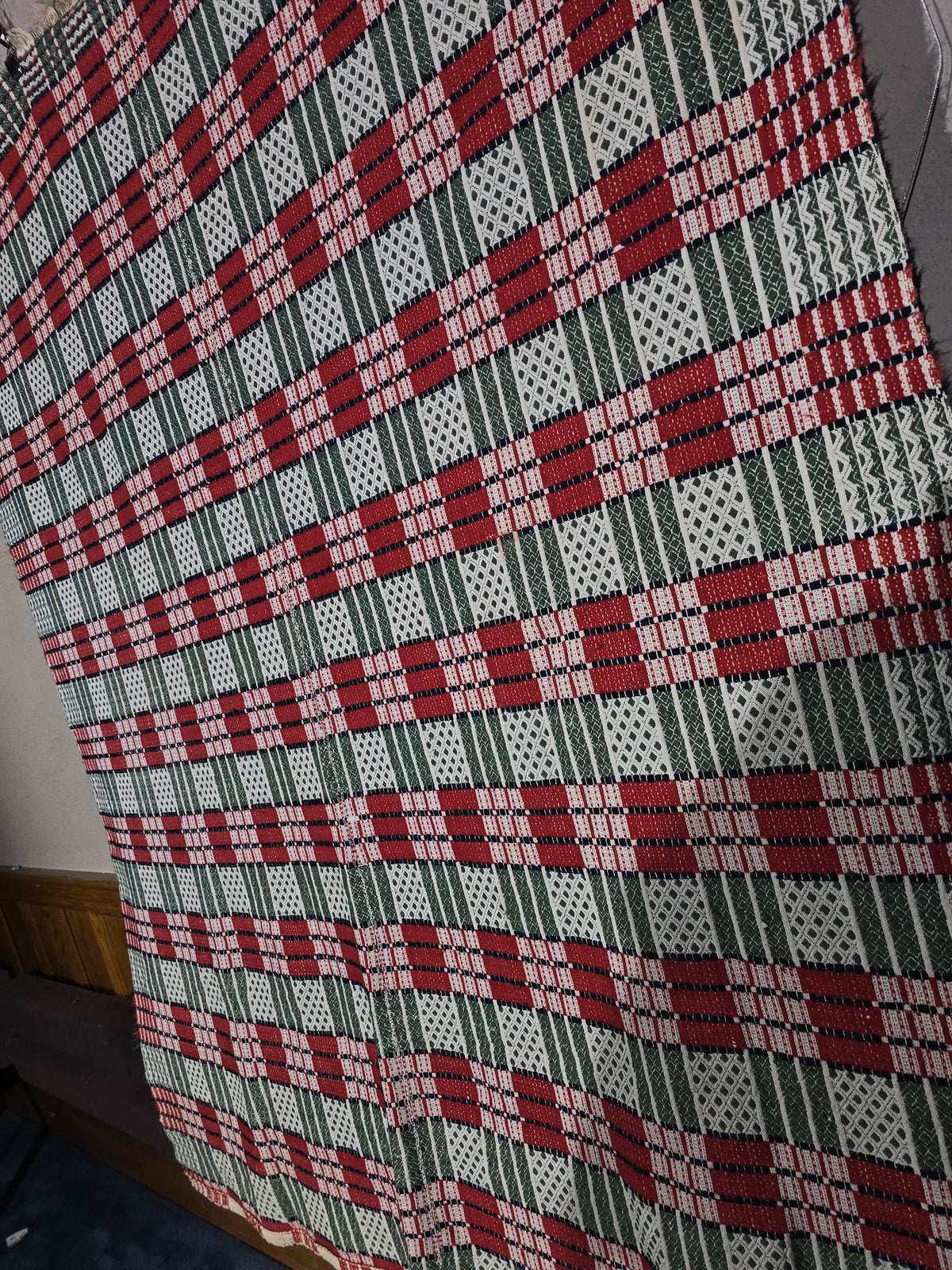Vintage Woven Wool Coverlet in Red, Green, and White