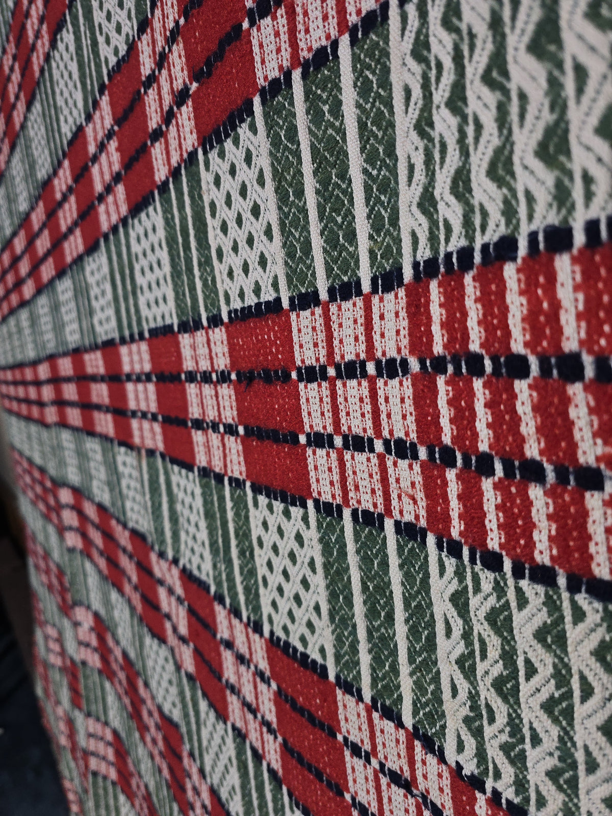 Vintage Woven Wool Coverlet in Red, Green, and White