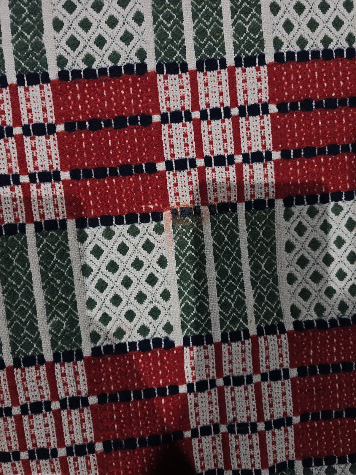 Vintage Woven Wool Coverlet in Red, Green, and White