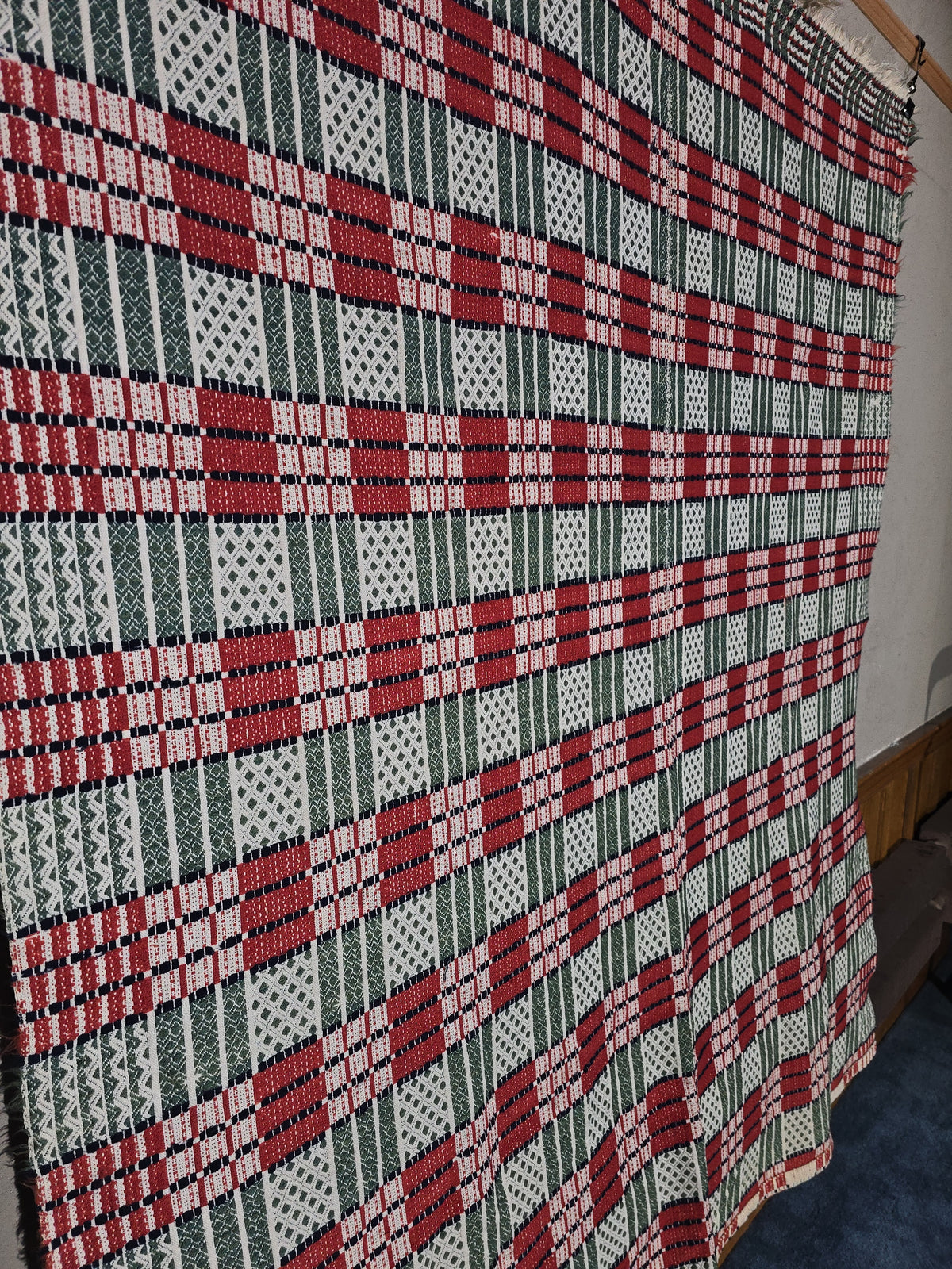 Vintage Woven Wool Coverlet in Red, Green, and White