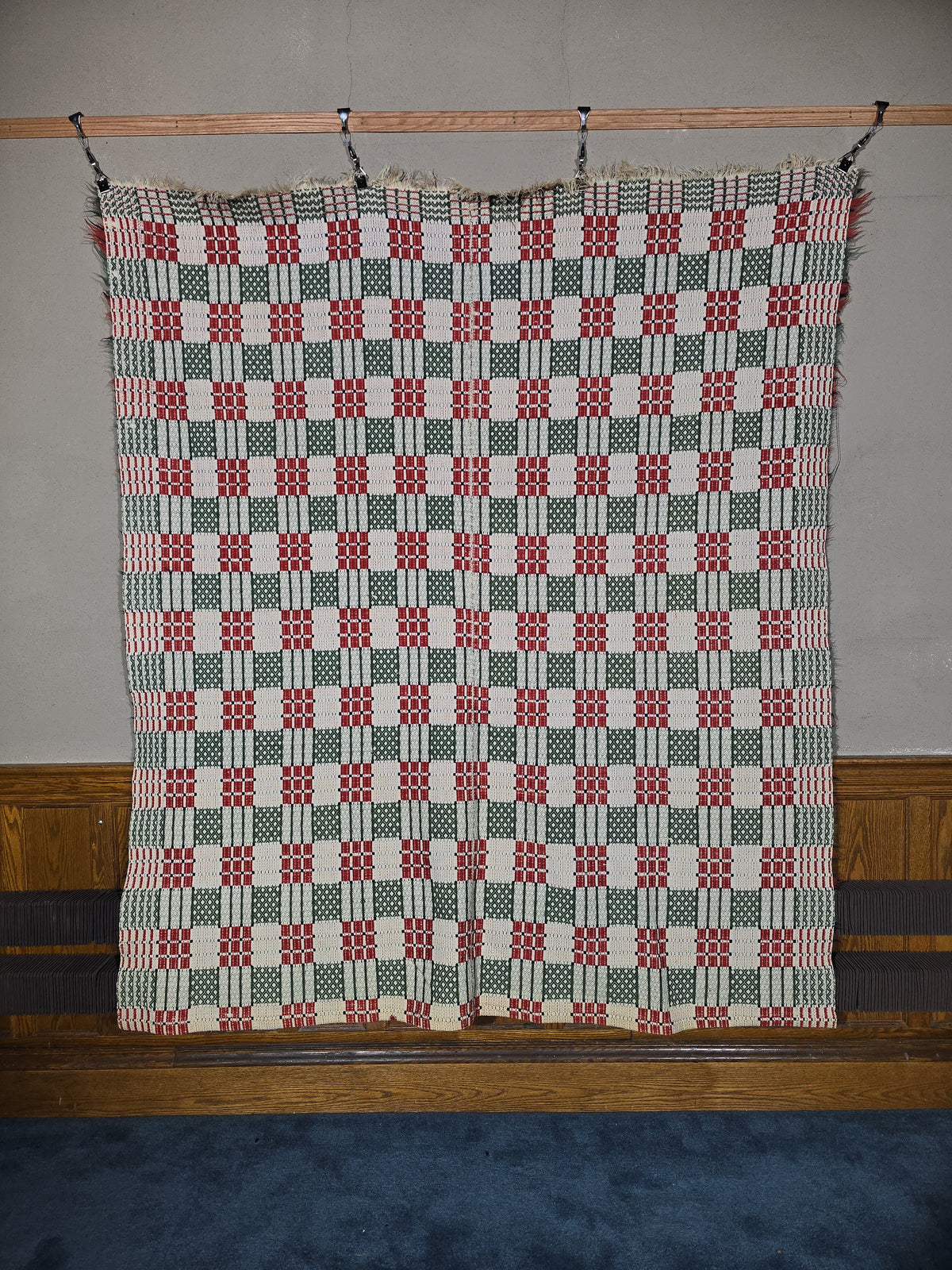 Vintage Woven Wool Coverlet in Red, Green, and White