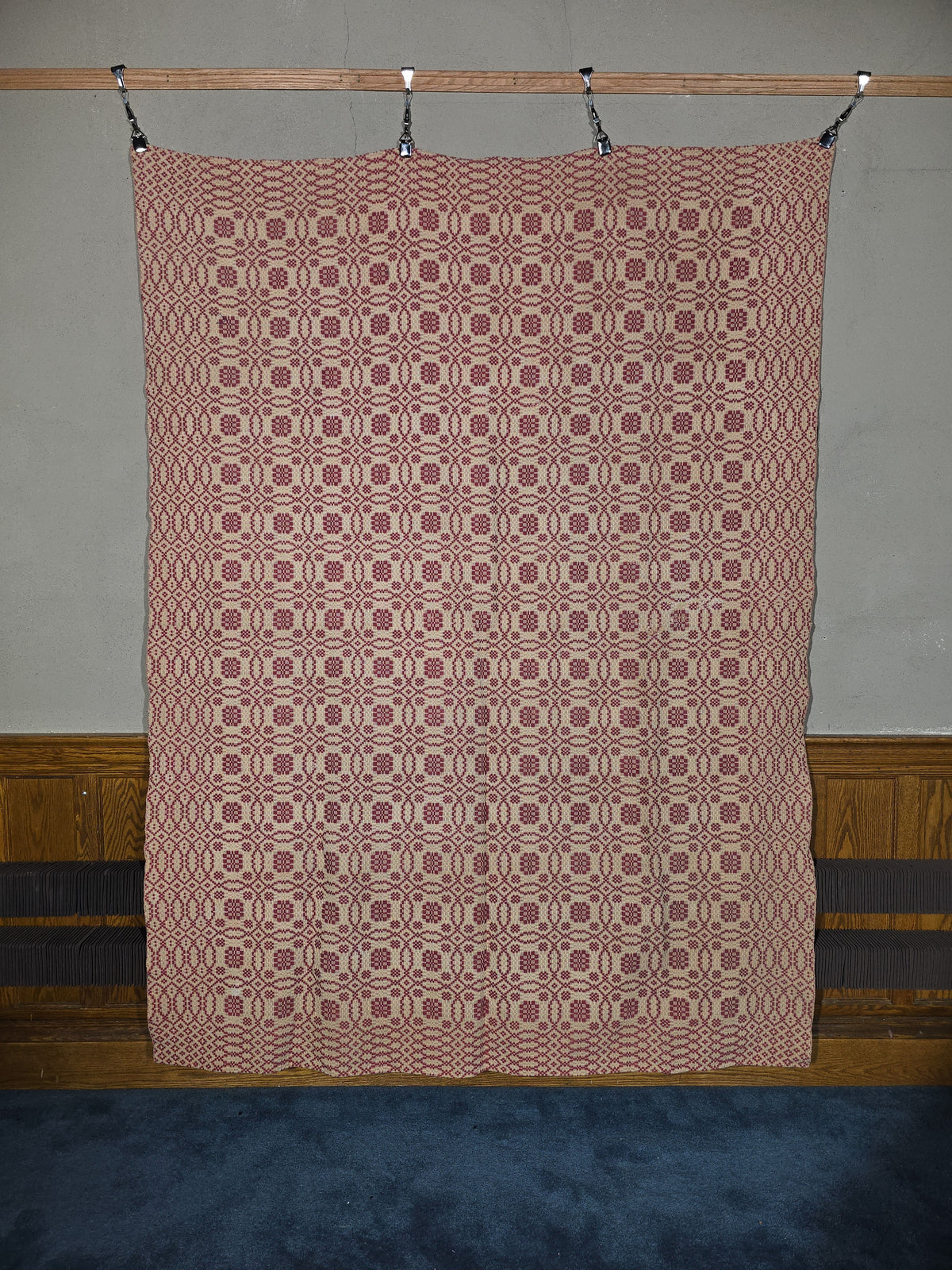 Vintage Woven Wool Coverlet in Pink and Cream