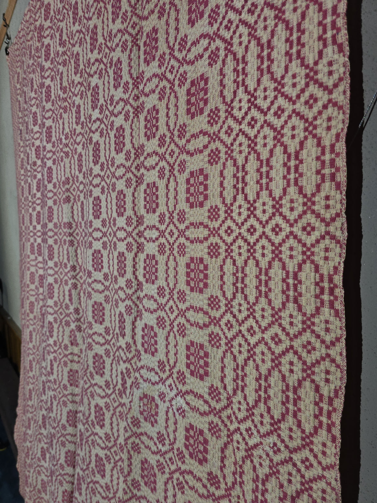 Vintage Woven Wool Coverlet in Pink and Cream