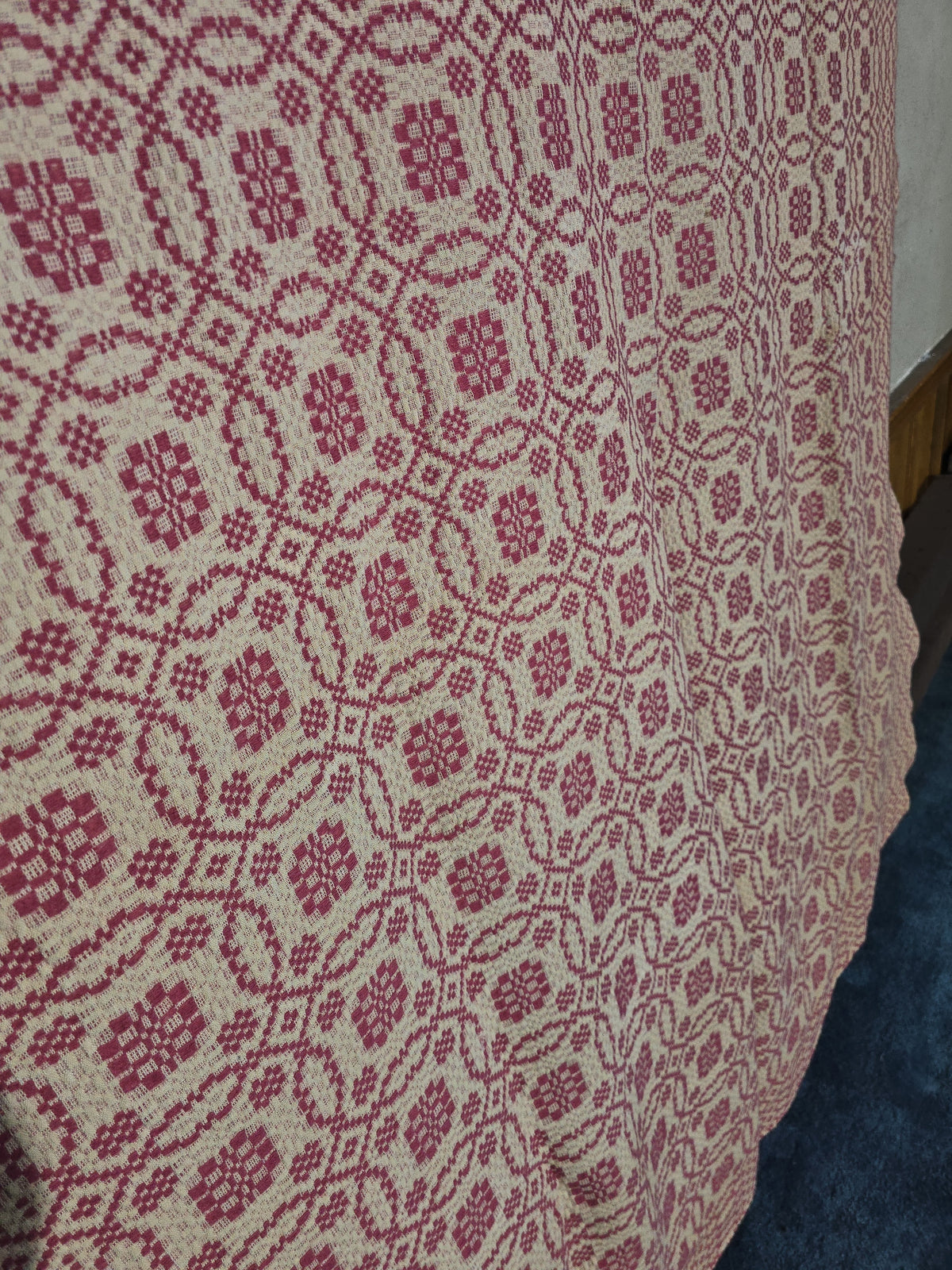Vintage Woven Wool Coverlet in Pink and Cream