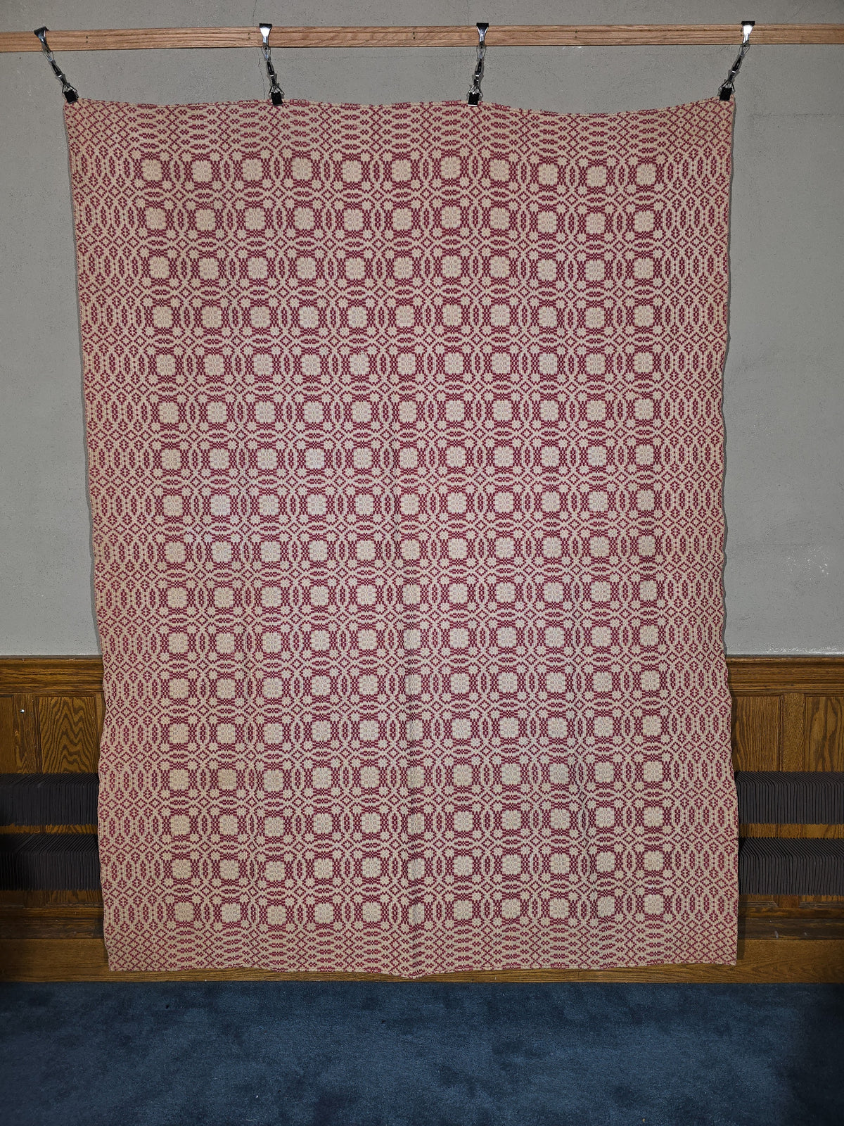 Vintage Woven Wool Coverlet in Pink and Cream