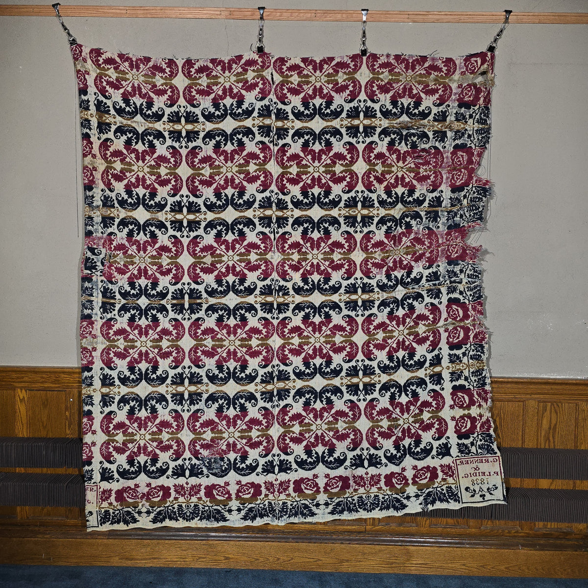 Antique Jacquard Woven Wool Coverlet, G. Renner & P. Leidig, 1838