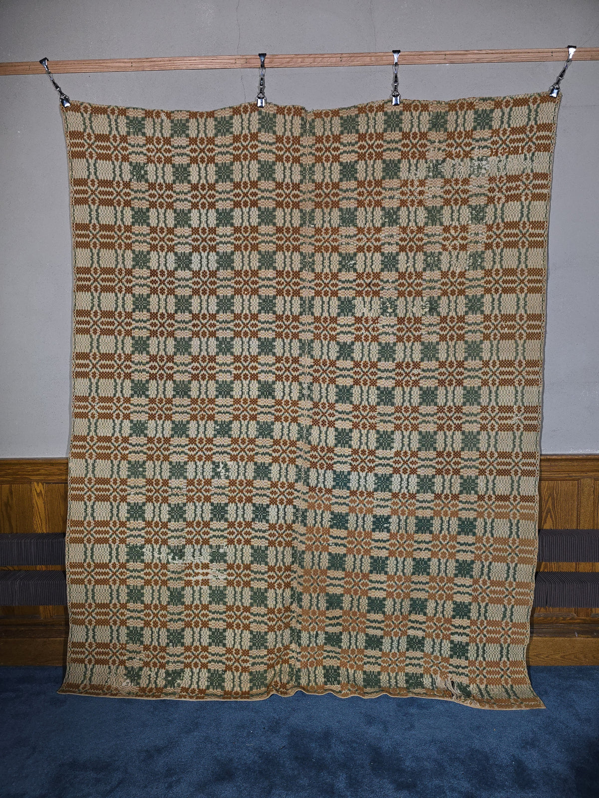 Vintage Woven Wool Coverlet in Green, Orange, and Cream