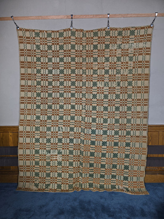 Vintage Woven Wool Coverlet in Green, Orange, and Cream