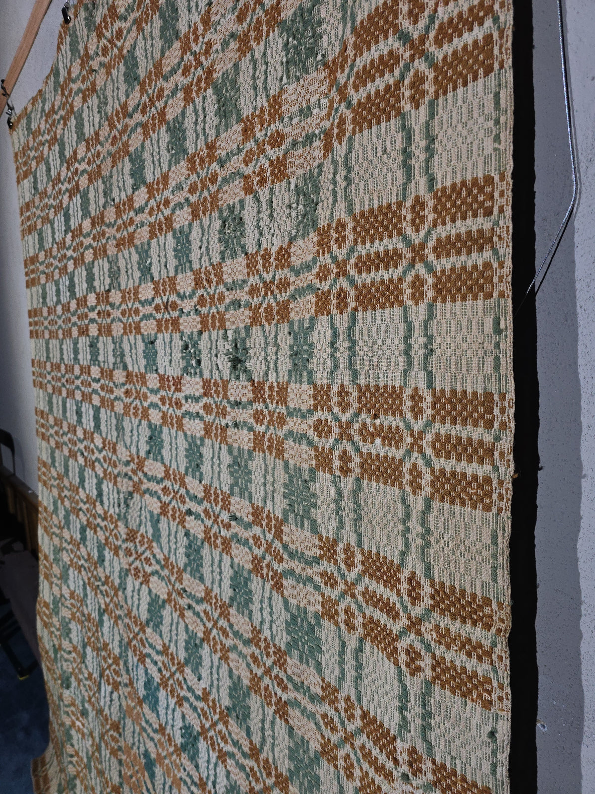 Vintage Woven Wool Coverlet in Green, Orange, and Cream