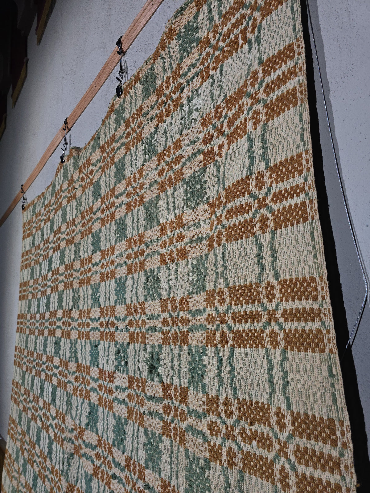 Vintage Woven Wool Coverlet in Green, Orange, and Cream