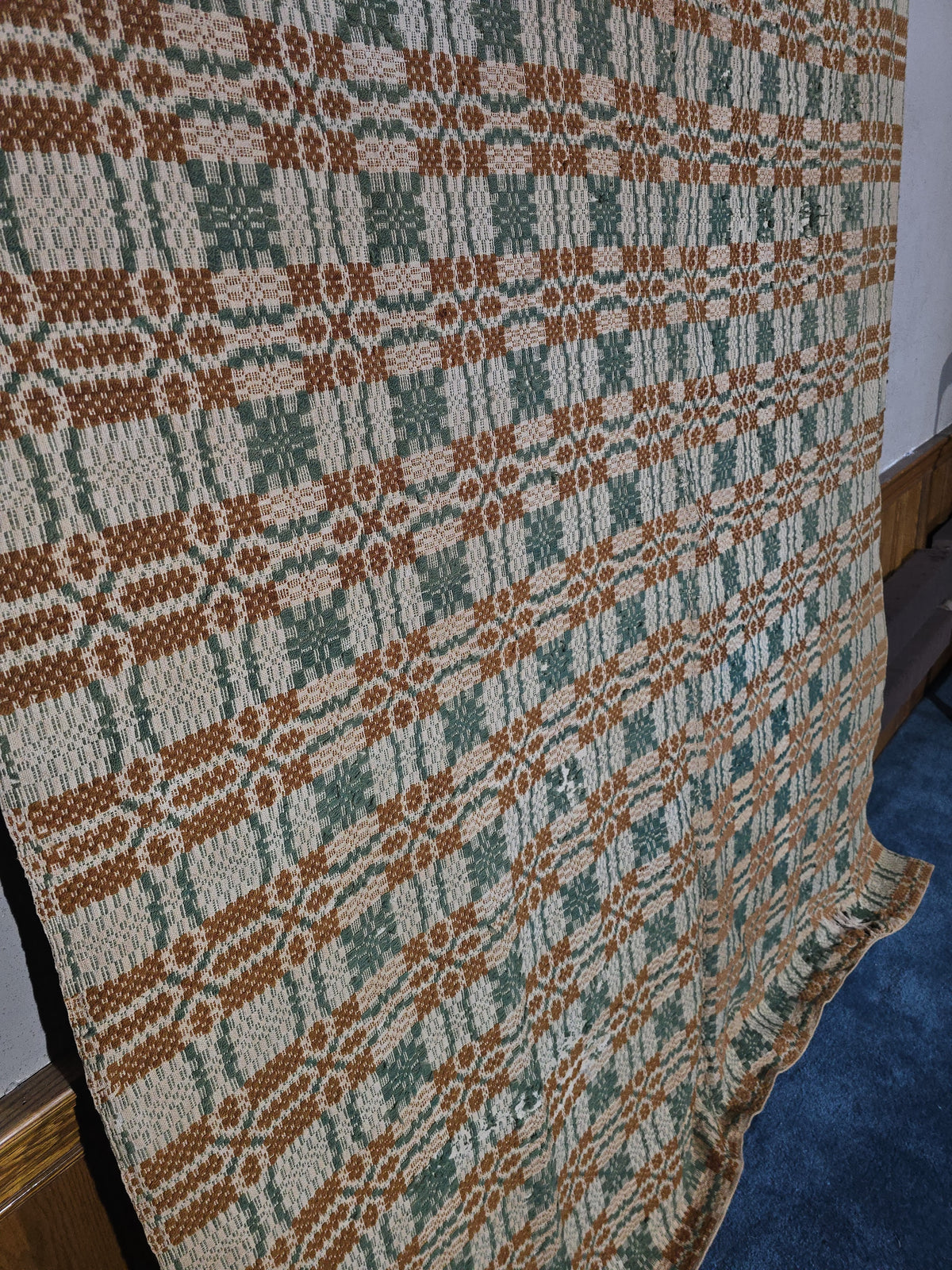 Vintage Woven Wool Coverlet in Green, Orange, and Cream