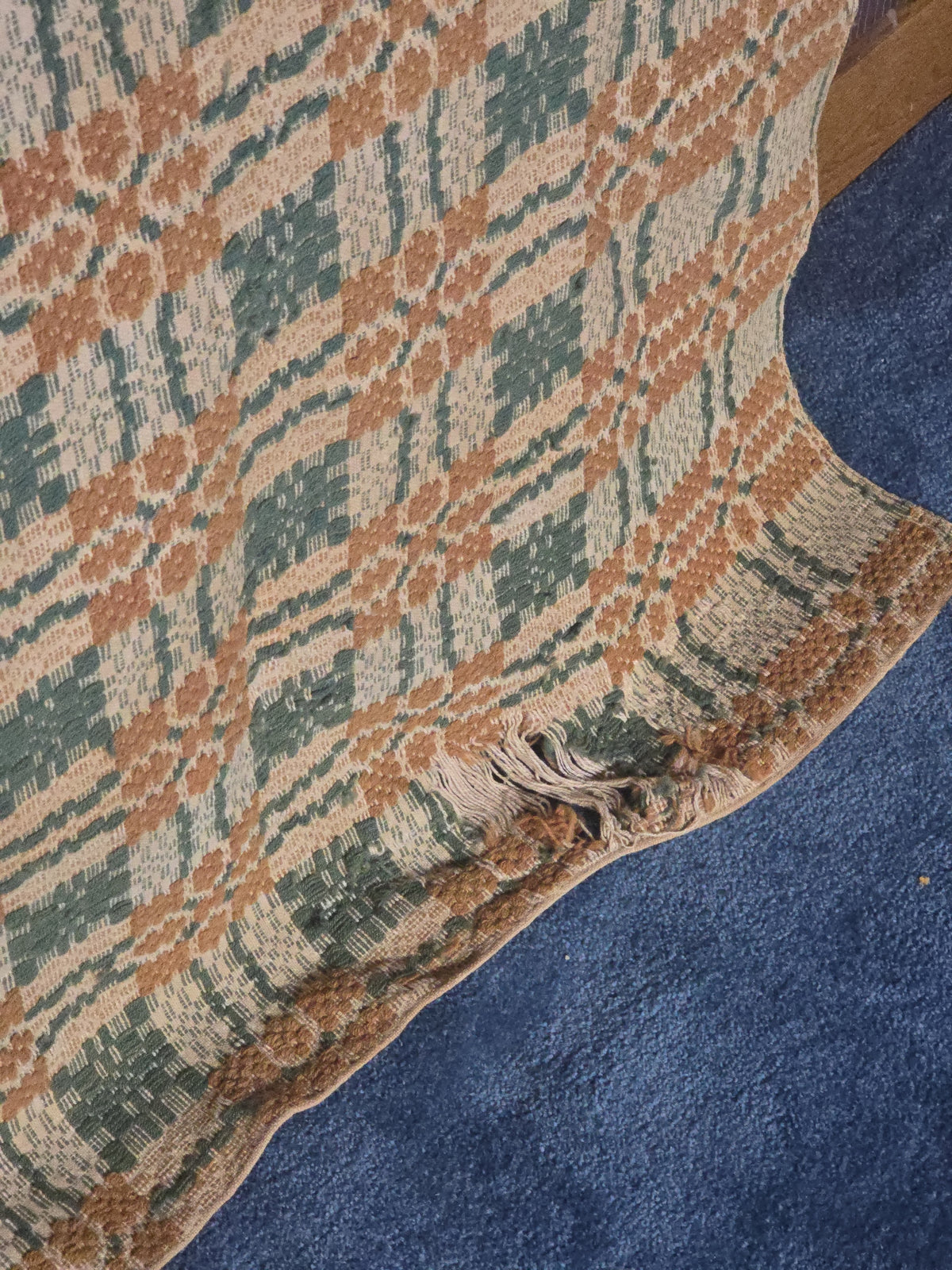 Vintage Woven Wool Coverlet in Green, Orange, and Cream