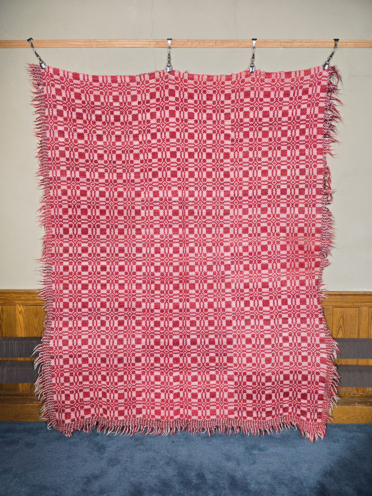 Vintage Red and White Woven Wool Coverlet with Fringe